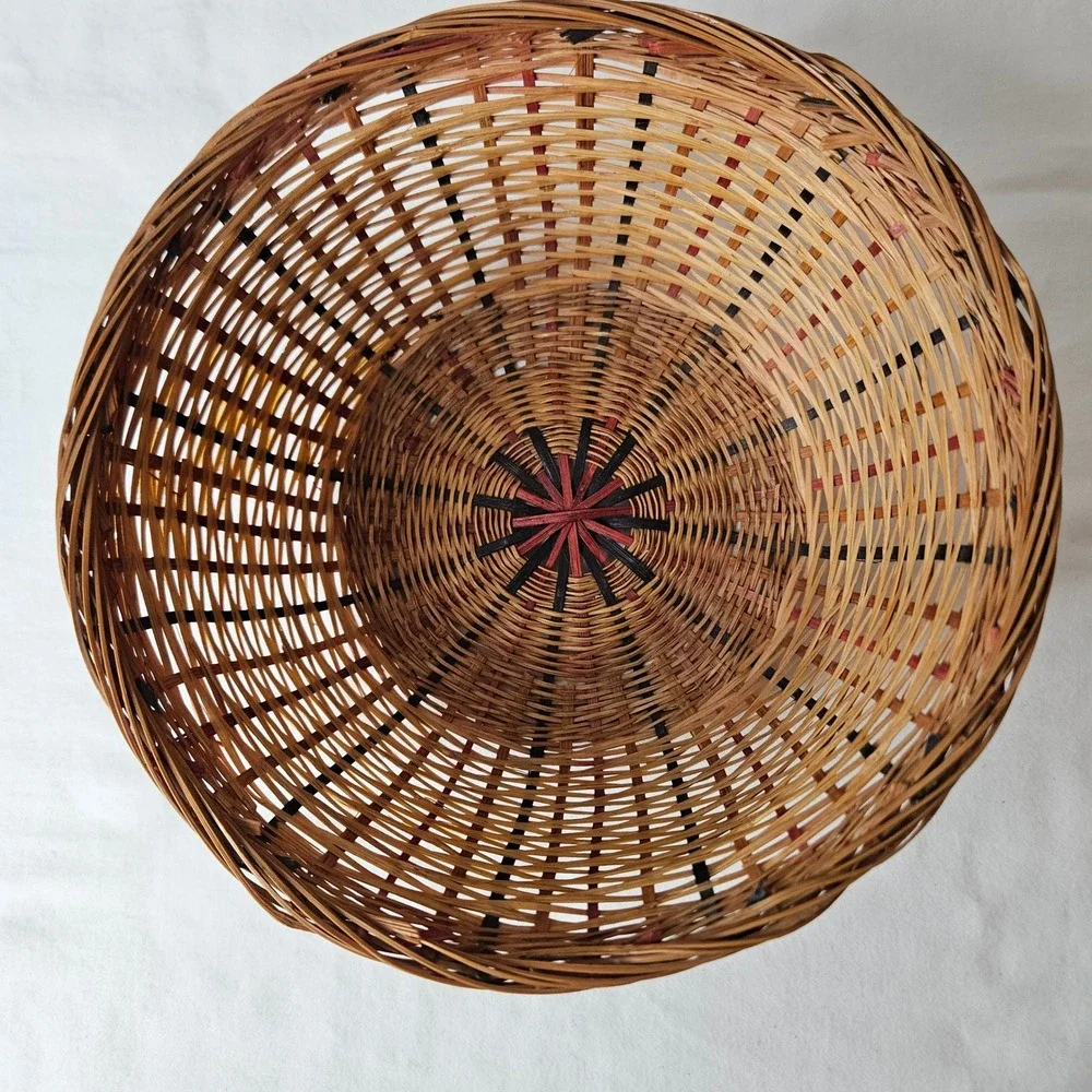 Vtg Woven Wicker Basket Round Bowl Boho County Red‎ Black Striped 7.5
